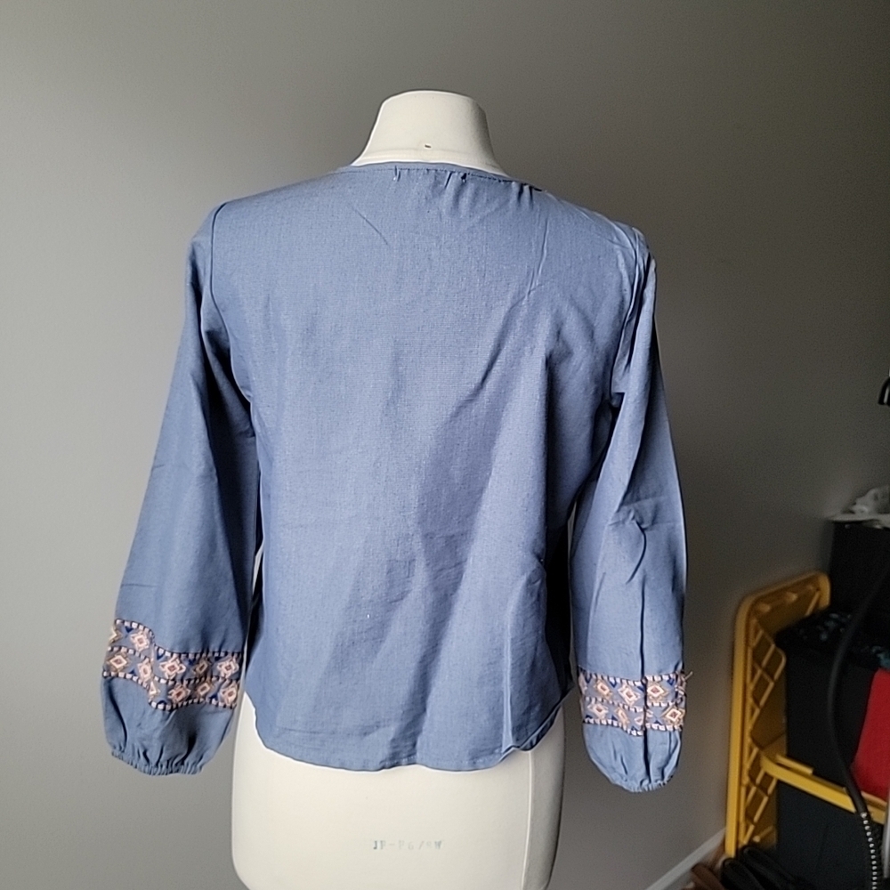 Rebellion blue embroidered blouse with tassels Size M - Picture 3 of 9